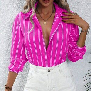 Hot Pink Casual Women's Striped Long Sleeve Shirt